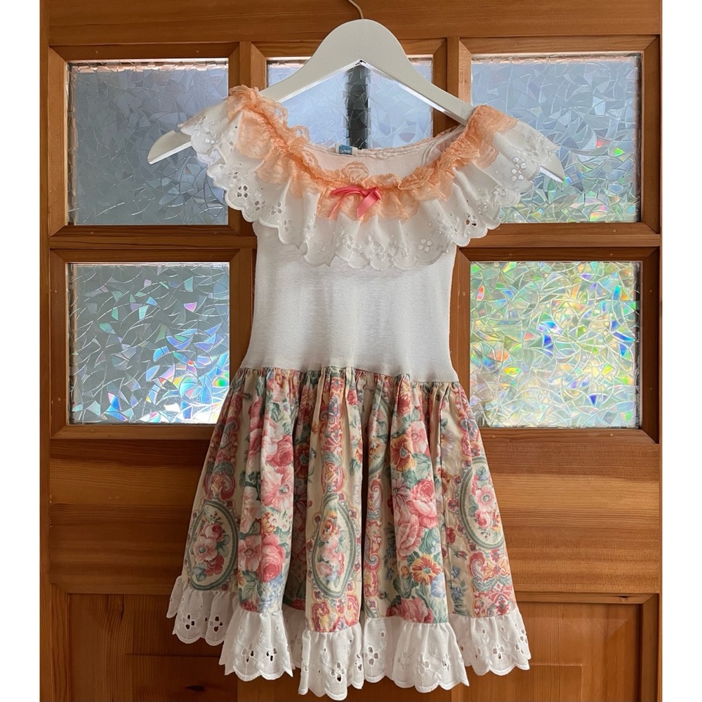 Vintage floral Ruffle tank Kids Dress - White and Peach